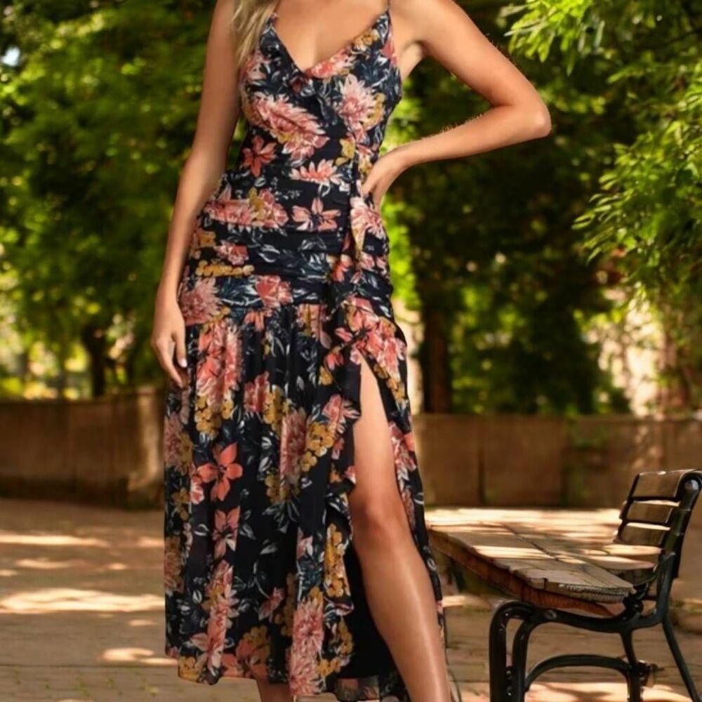 Lulus floral boho chic tall long maxi dress ruffled bodycon for wedding party XS